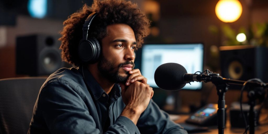 Podcaster recording in a modern studio with equipment.