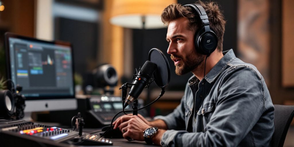 A podcaster speaking in a modern studio setting.