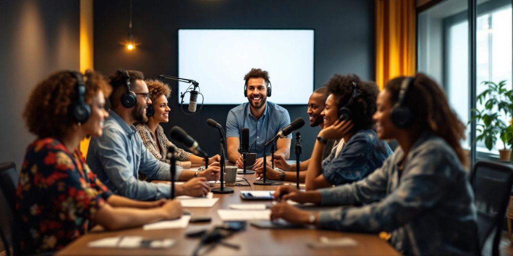 Employees recording a podcast in a modern office.