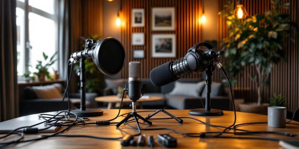 Podcast studio with microphones and headphones in a cozy setting.