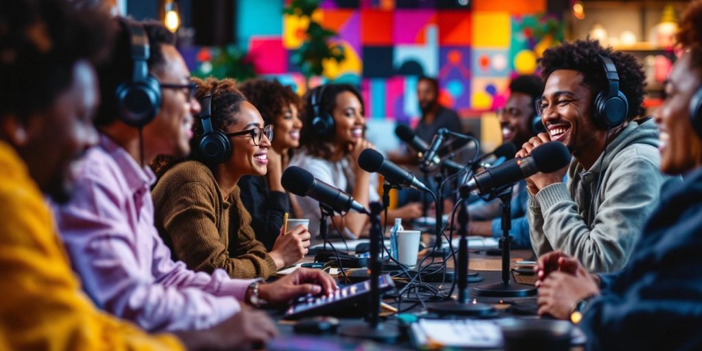 Group of people recording a podcast together.