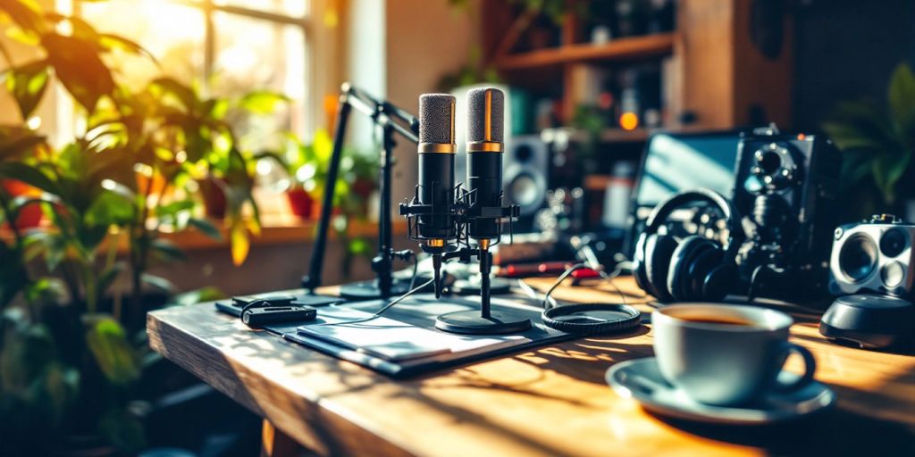 Podcasting equipment on a wooden desk with coffee.