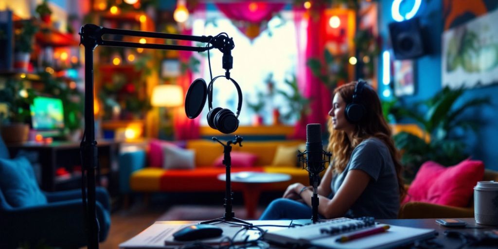 Podcast studio with microphones and colorful decor.