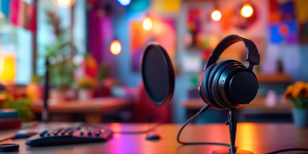 Podcast studio with microphone and headphones in warm lighting.