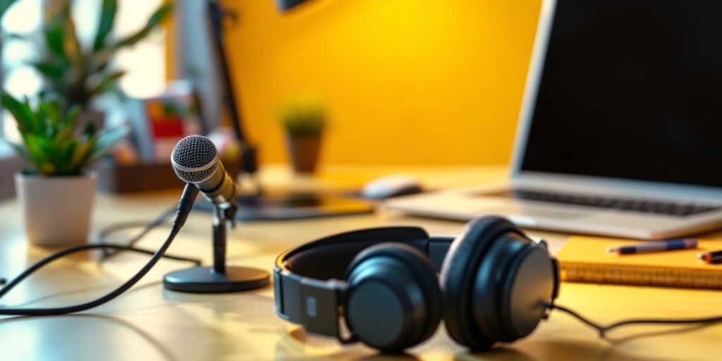 Microphone and headphones in a bright workspace.