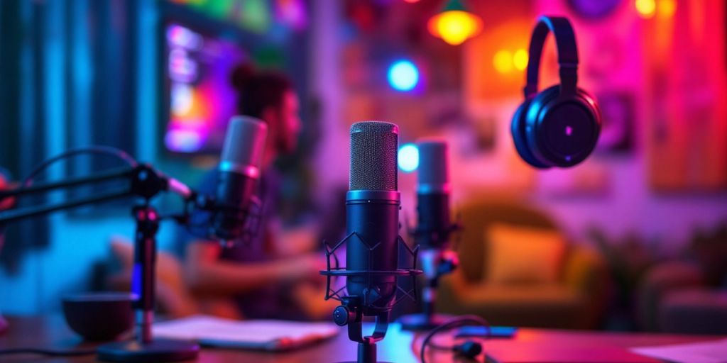 Podcasting studio with microphones and colorful lighting.