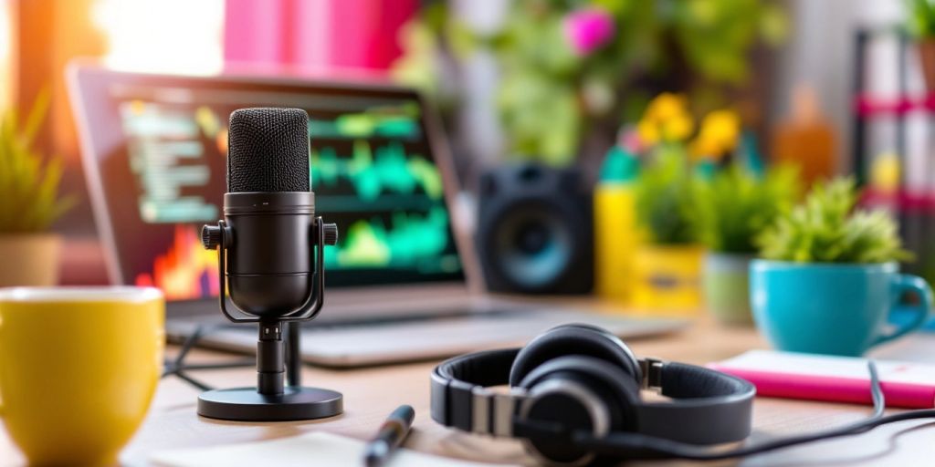 Microphone and headphones in a bright workspace.