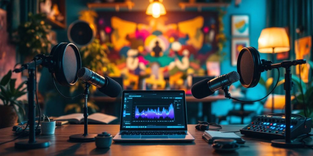 Podcast studio with microphones and vibrant decor.