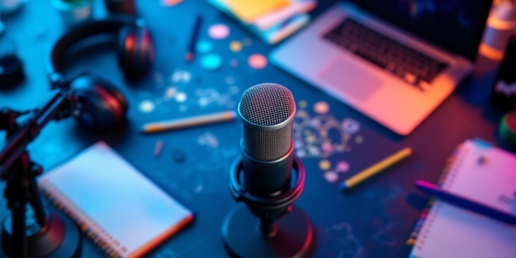 Creative podcasting workspace with microphone and laptop.