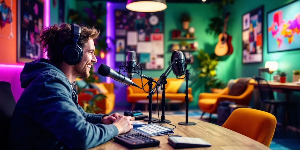 A podcast studio with microphones and colorful decor.