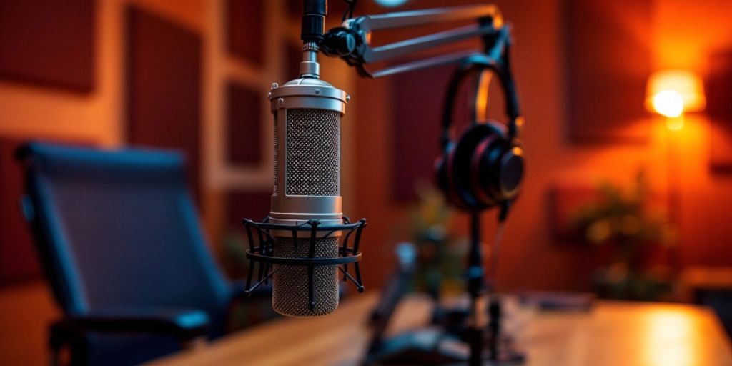 Podcast studio with microphone and headphones for interviews.