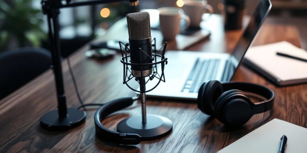 Podcast setup with microphone, headphones, and laptop.