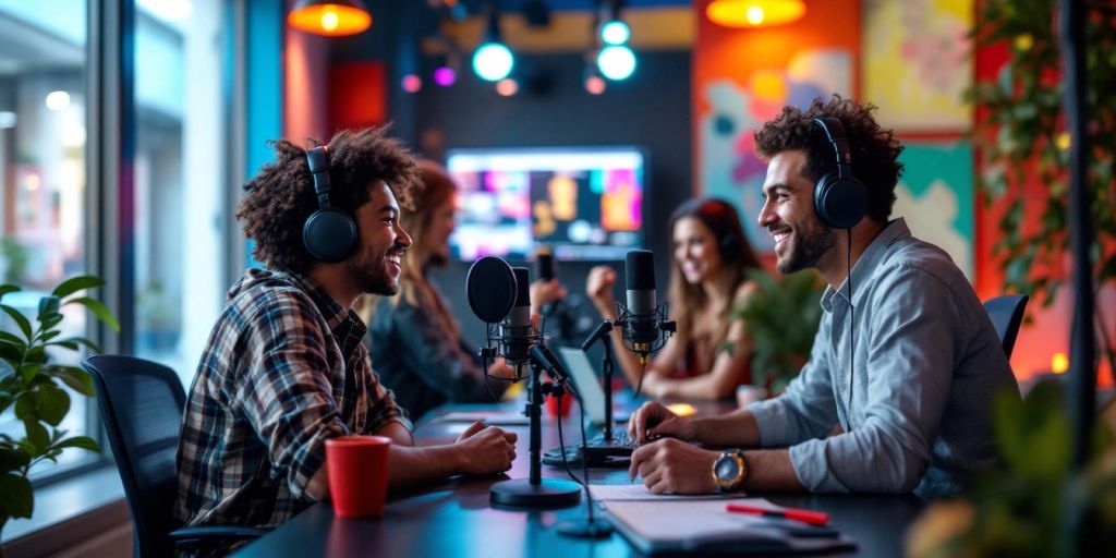 Podcast studio with microphones and colorful decor.