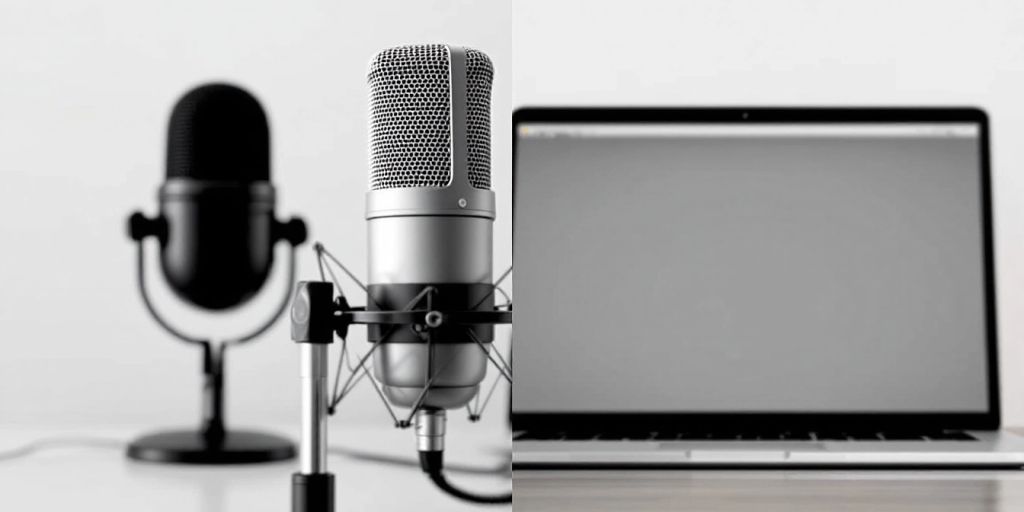 Microphone and laptop representing podcast and blog formats.