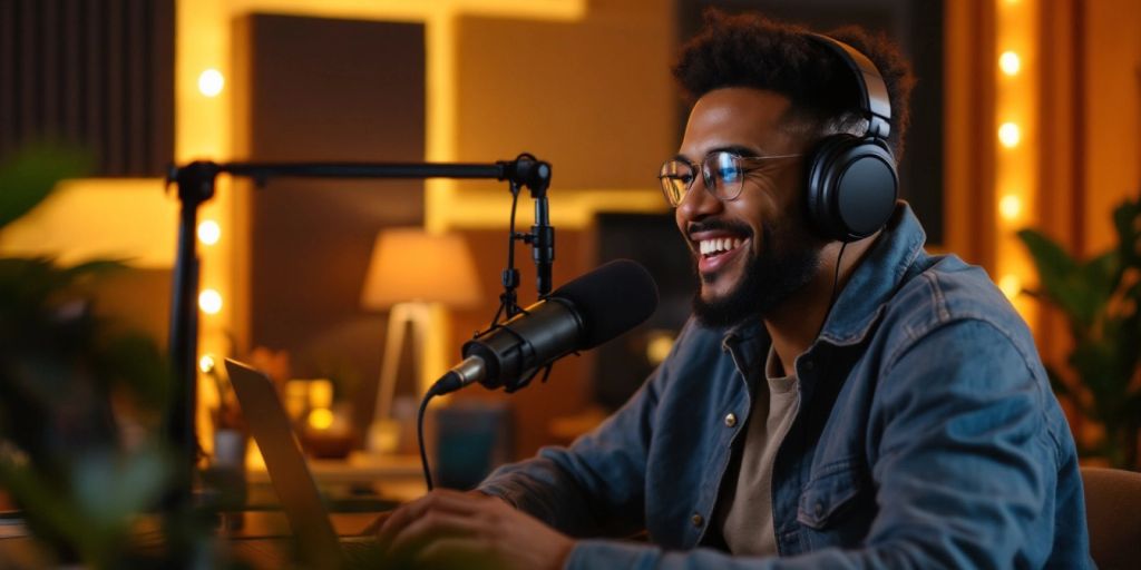 Person recording a podcast in a cozy studio.