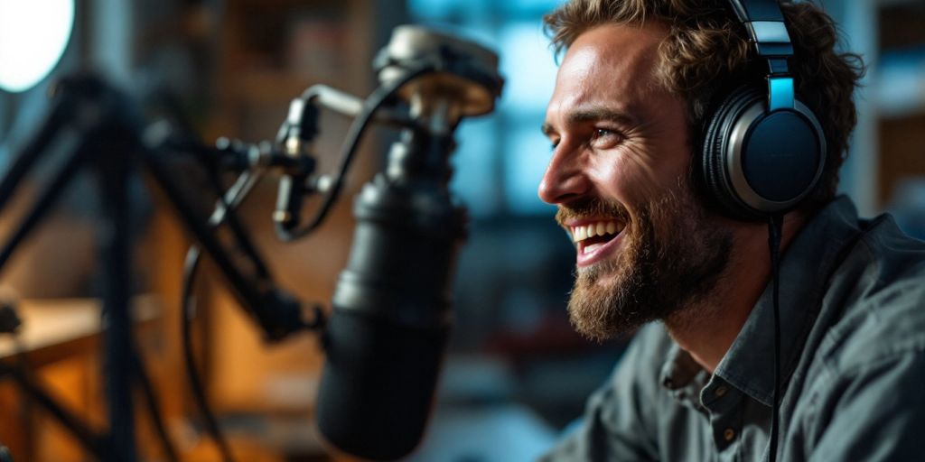 Person podcasting in a studio with equipment.