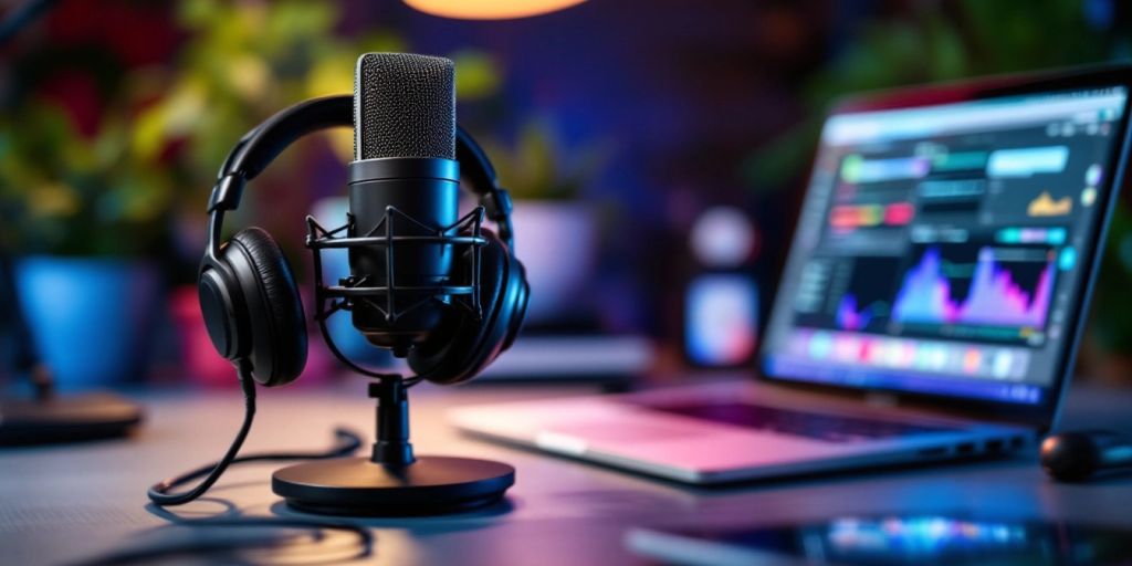 A microphone and headphones on a desk, ready for podcasting.