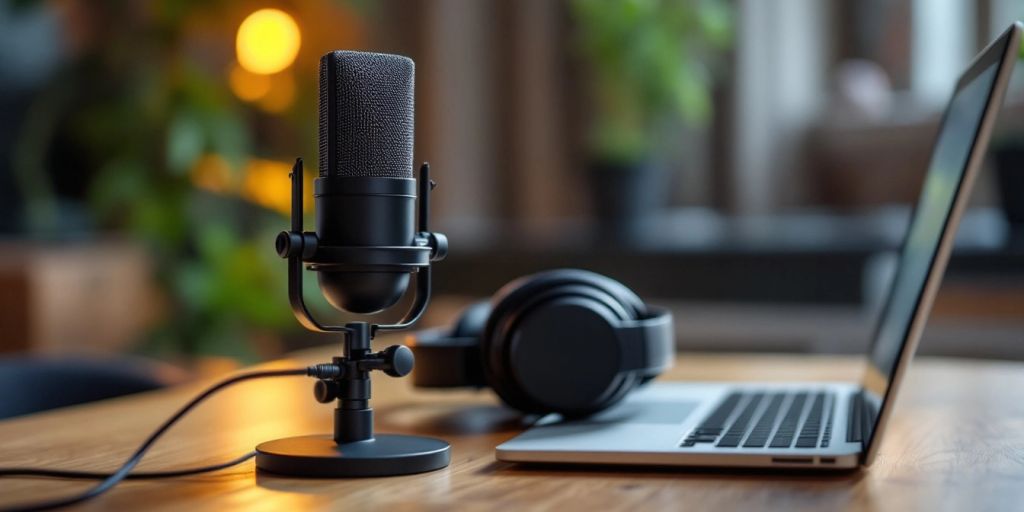 Podcasting setup with microphone and laptop on a table.