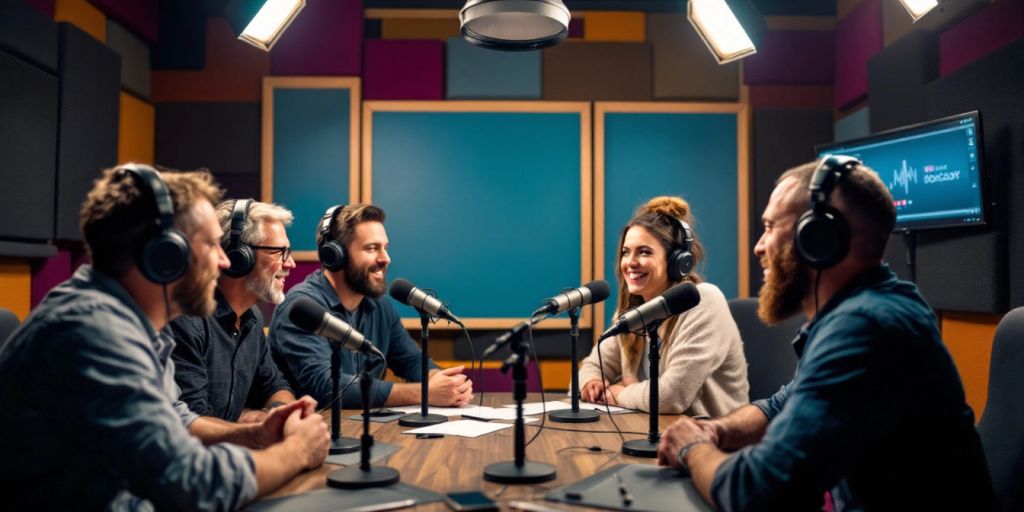 Podcasting studio with microphones and engaged participants.